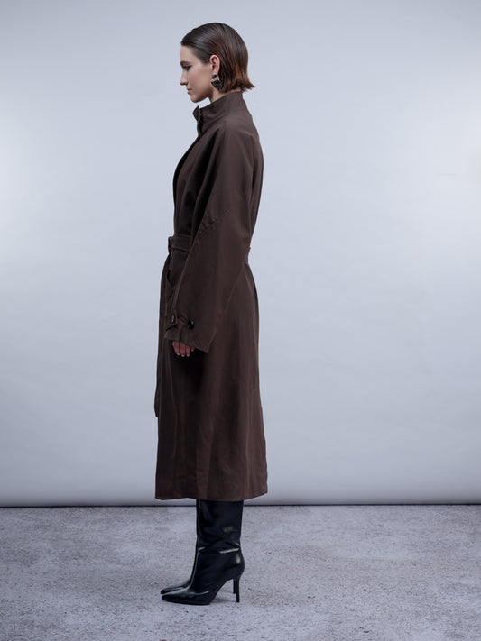 Haako Brown Faux Suede Belted Coat with High Neck Collar & Pockets