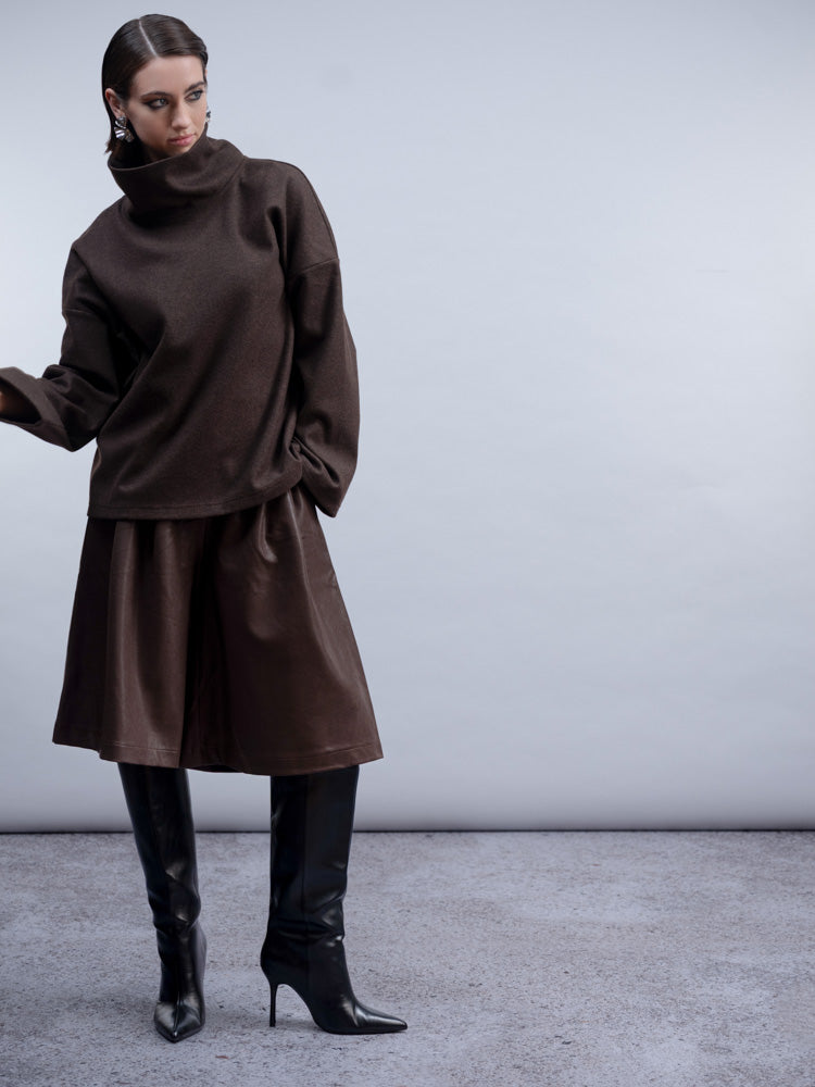 Haako Chocolate Brown Oversized Funnel Neck Top