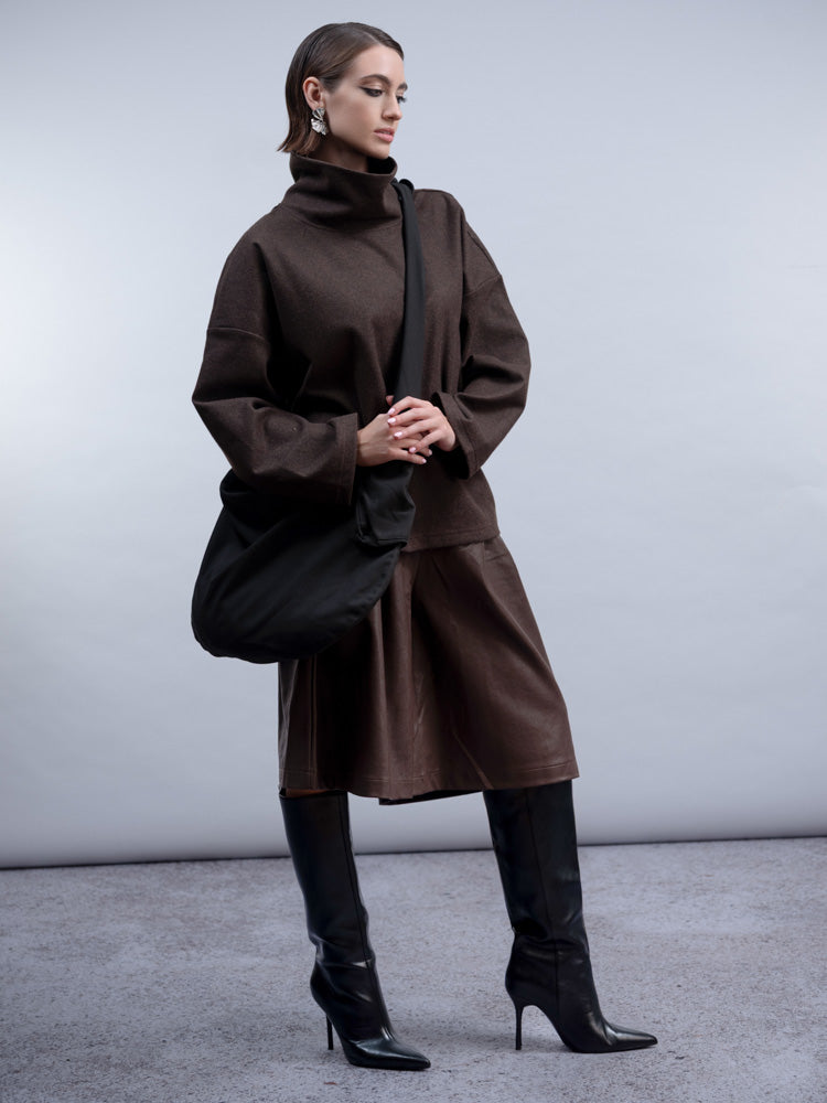 Haako Chocolate Brown Oversized Funnel Neck Top