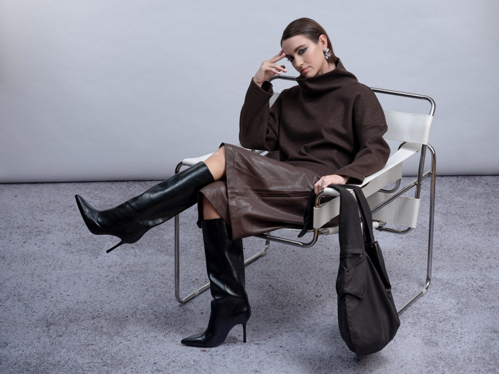 Haako Chocolate Brown Oversized Funnel Neck Top