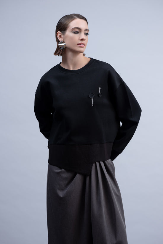 Haako Black Asymmetric Hem Sweatshirt Relaxed Fit with Button Detail