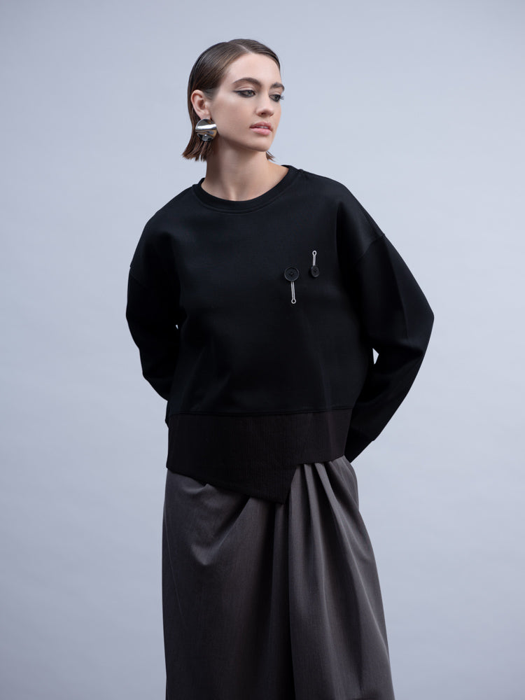 Haako Black Asymmetric Hem Sweatshirt Relaxed Fit with Button Detail