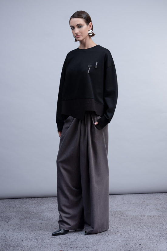 Haako Black Asymmetric Hem Sweatshirt Relaxed Fit with Button Detail