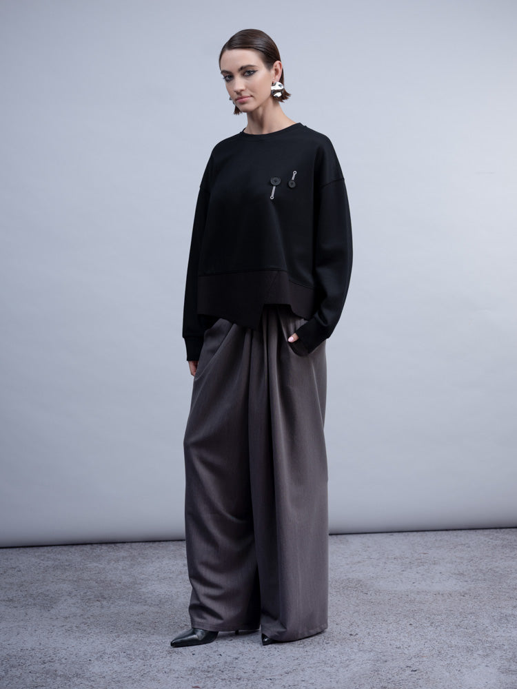 Haako Black Asymmetric Hem Sweatshirt Relaxed Fit with Button Detail