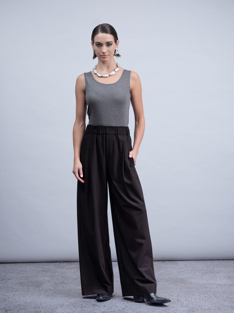 Haako Black Wide Leg Trousers with Pull-On Elasticated Waist with Pockets