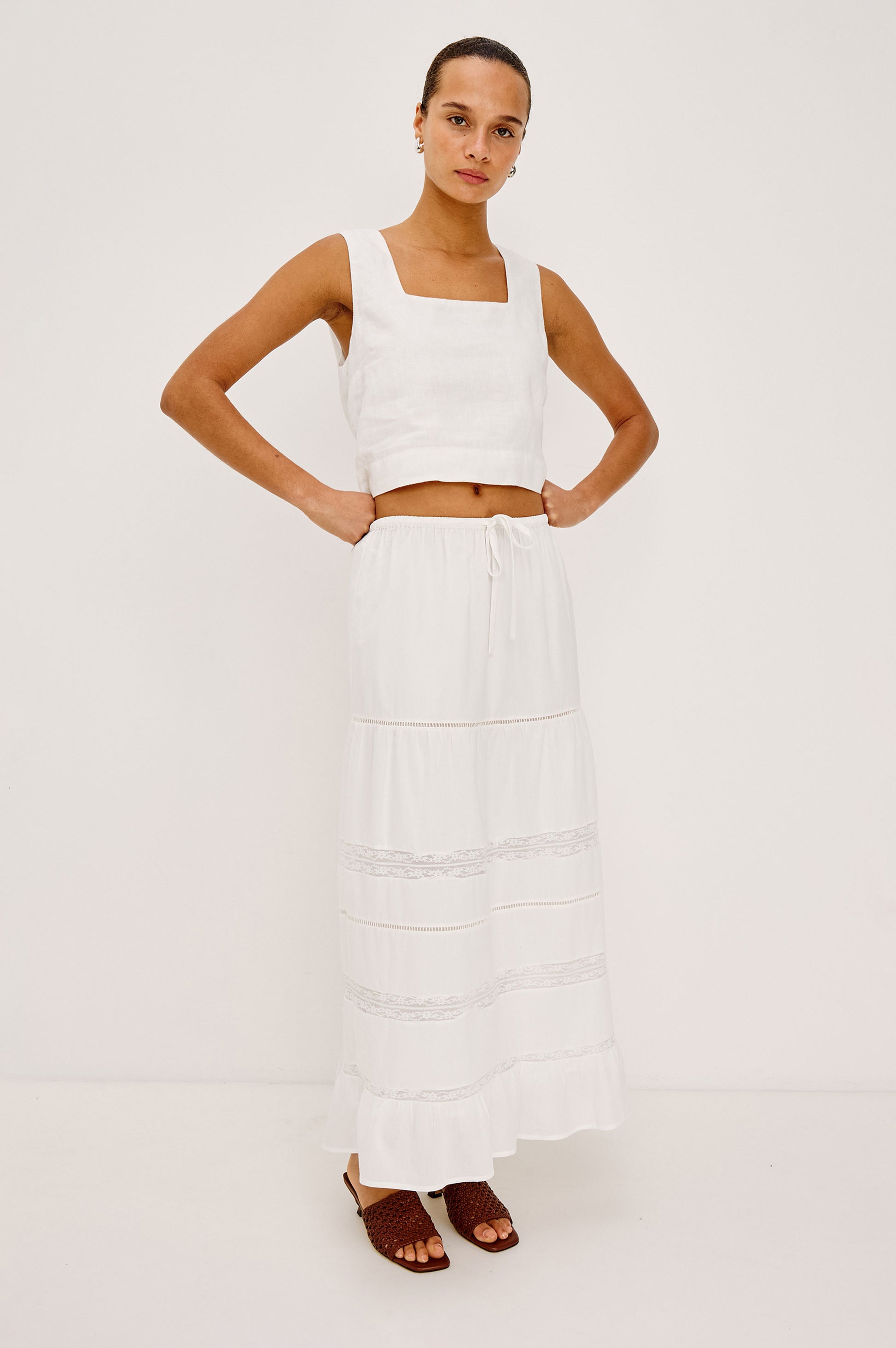 Rails White Cotton Tiered Maxi Skirt – Fully Lined Elastic Waist with Drawstring HETTIE