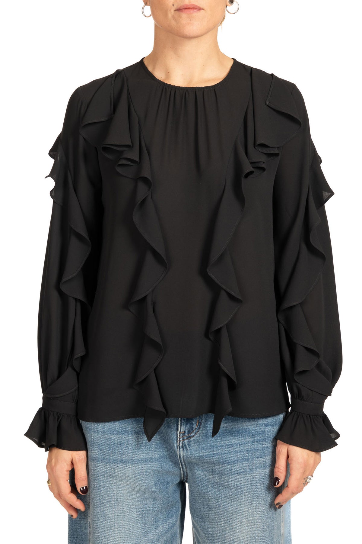 Diana Gallesi Black Frill Blouse Round Neck Long Sleeve with Button Cuffs 2086R003181N