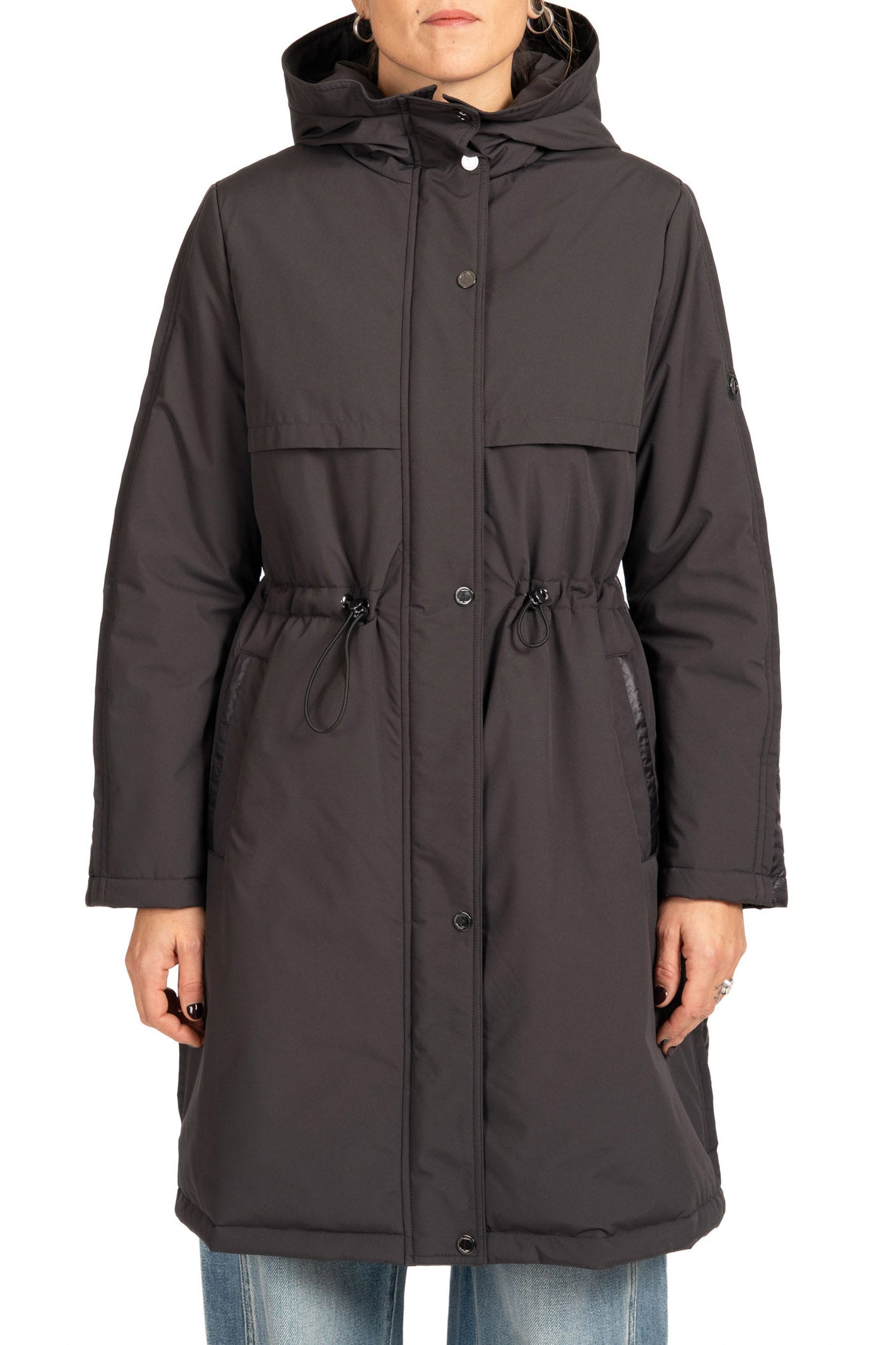 Diana Gallesi Anthracite Padded 3/4 Length Jacket – Hooded, Drawstring Waist