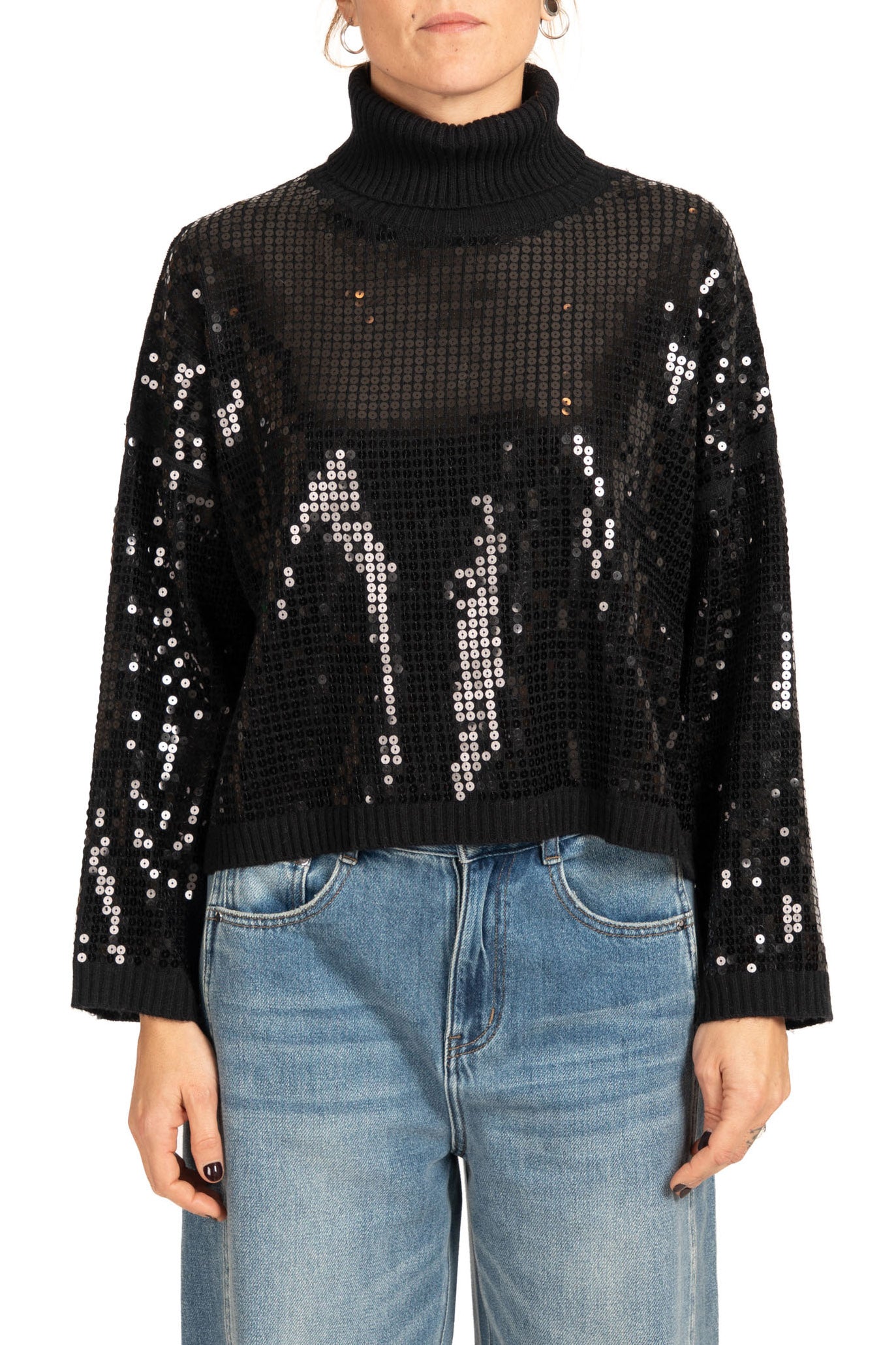 Diana Gallesi Black Sequin Polo Neck Sweater