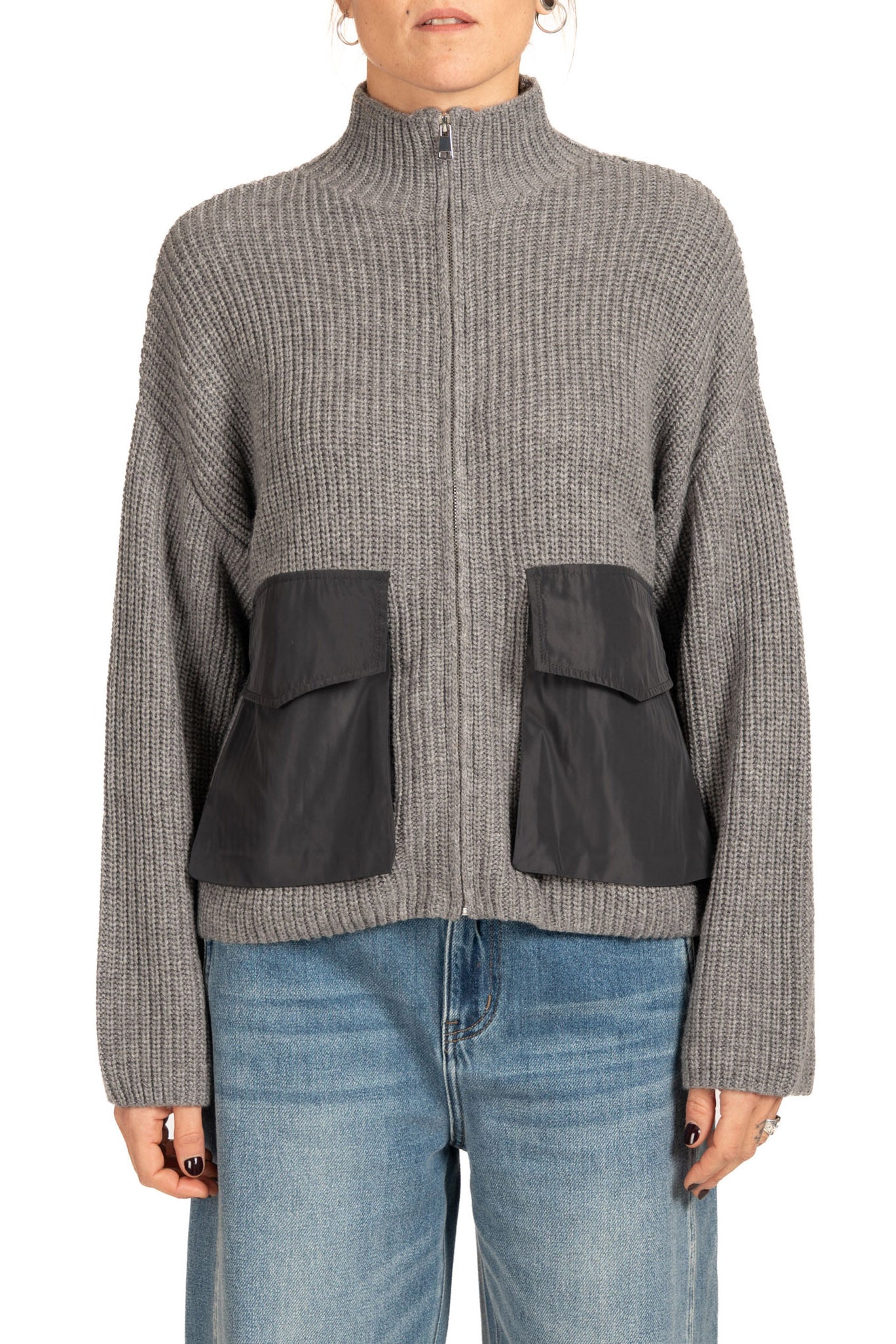 Diana Gallesi Grey Knit Zip Cardigan with High Neck
