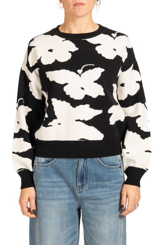 Diana Gallesi Black & White Floral Jacquard Crew Neck Sweater
