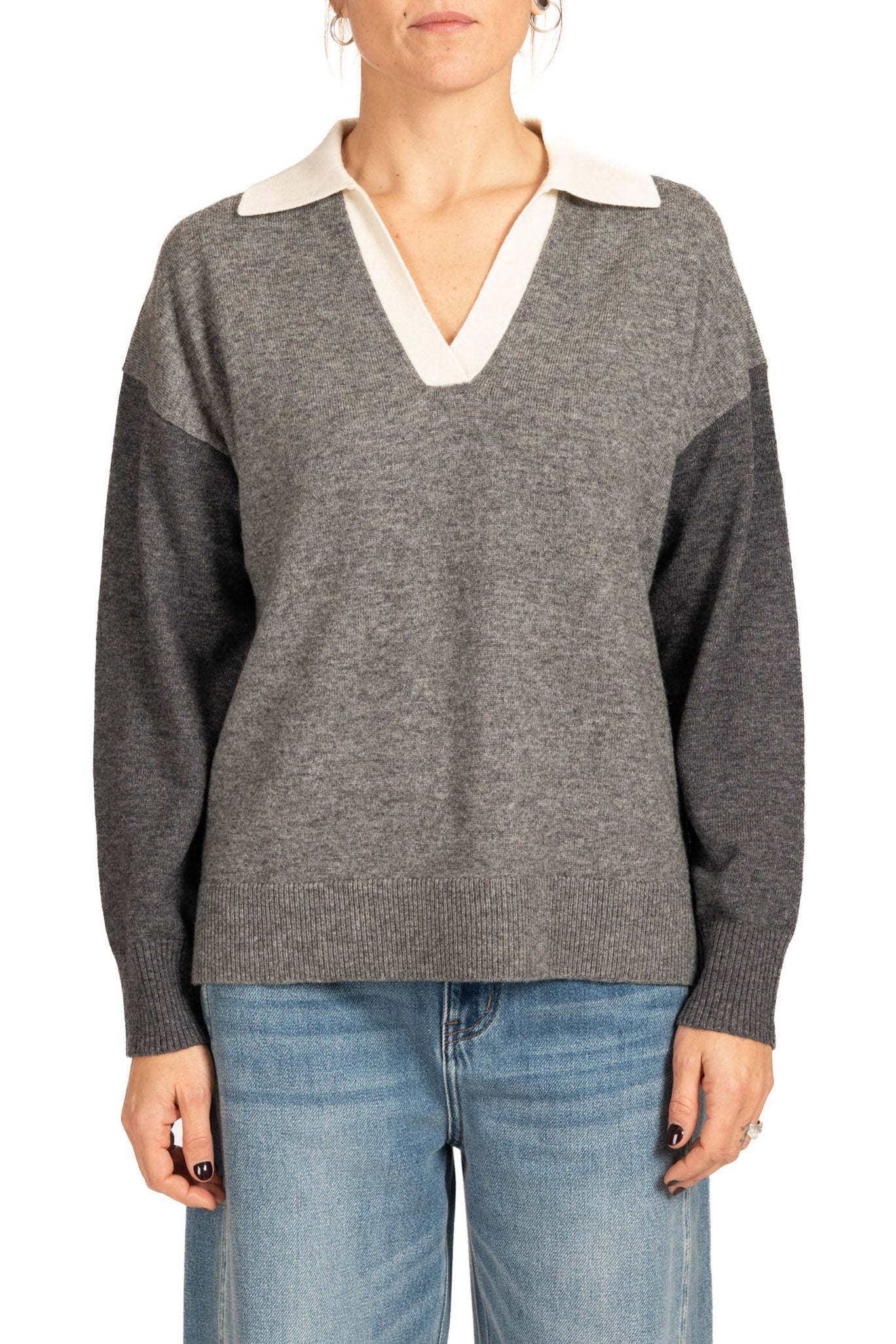 Diana Gallesi 2-Tone Grey Wool Blend Polo Neck Sweater