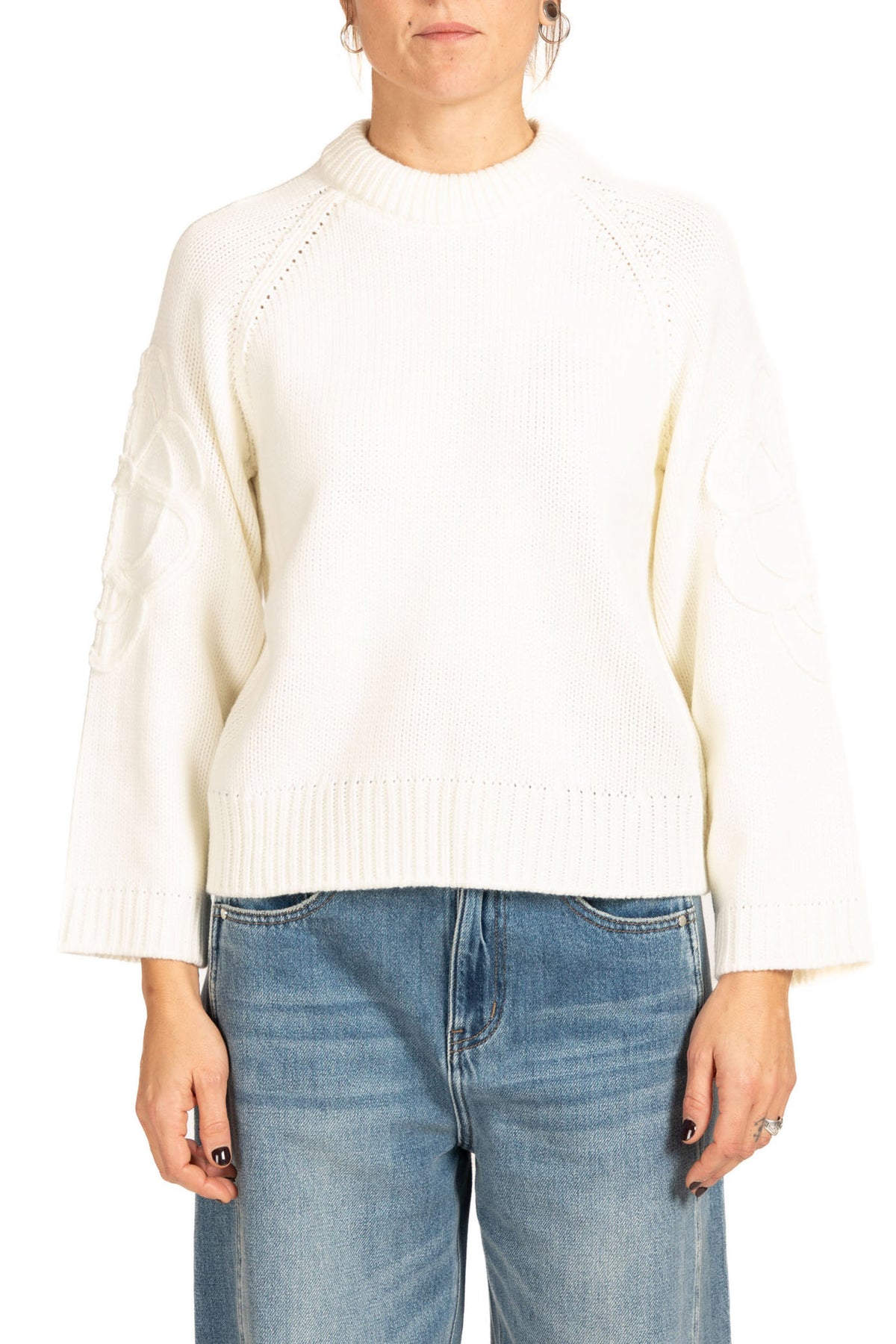Diana Gallesi Panna Cotta Ribbed Knit Crew Neck Sweater with Cable Knit Sleeve