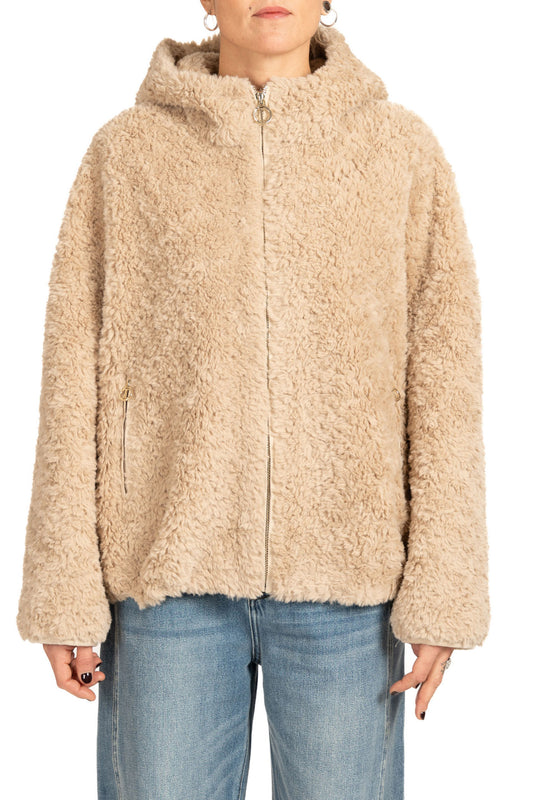Diana Gallesi Sand Faux Fur Zip Jacket with Adjustable Hem & Hood