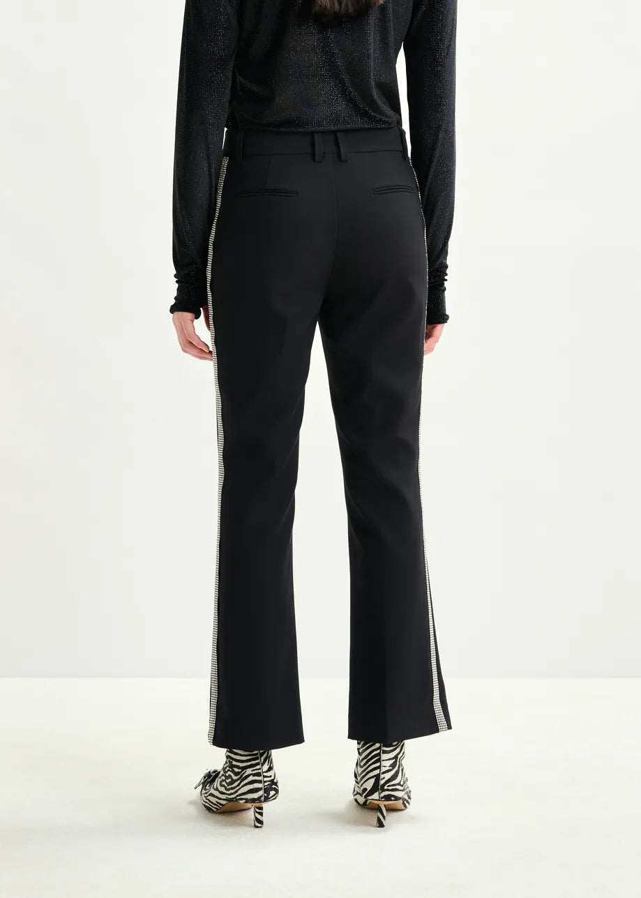 Essentiel Antwerp Black flared trousers with rhinestone-embellished sideseams Ibell