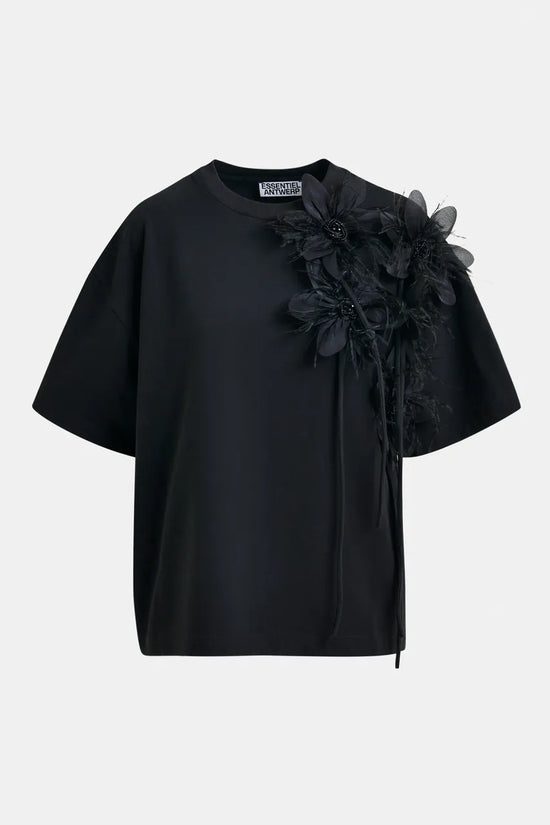 Essentiel Antwerp Black cotton T-shirt with floral detail Ibiscus