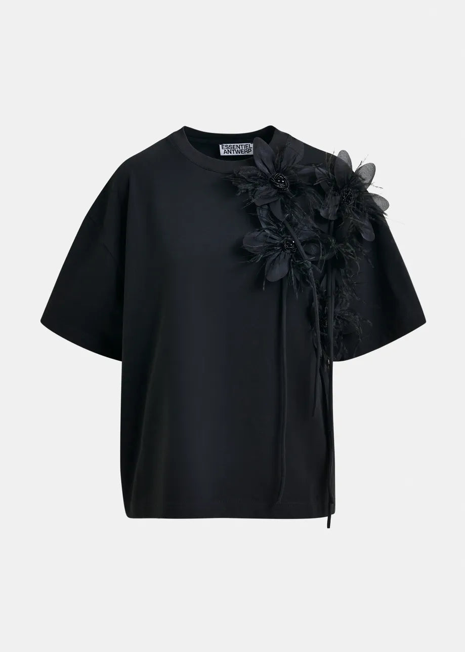 Essentiel Antwerp Black cotton T-shirt with floral detail Ibiscus