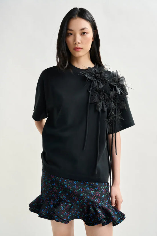 Essentiel Antwerp Black cotton T-shirt with floral detail Ibiscus