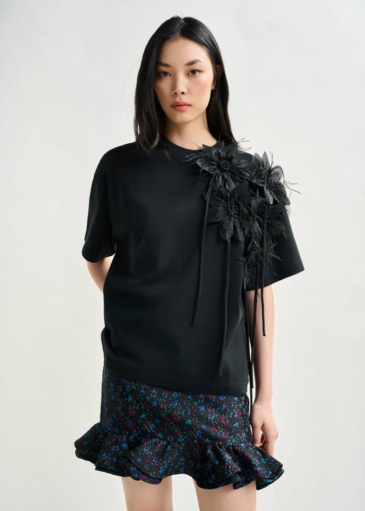 Essentiel Antwerp Black cotton T-shirt with floral detail Ibiscus