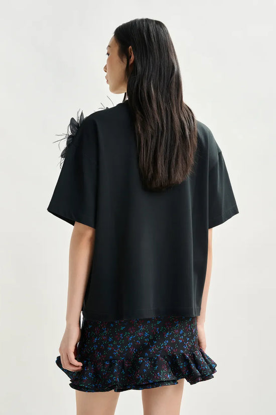 Essentiel Antwerp Black cotton T-shirt with floral detail Ibiscus