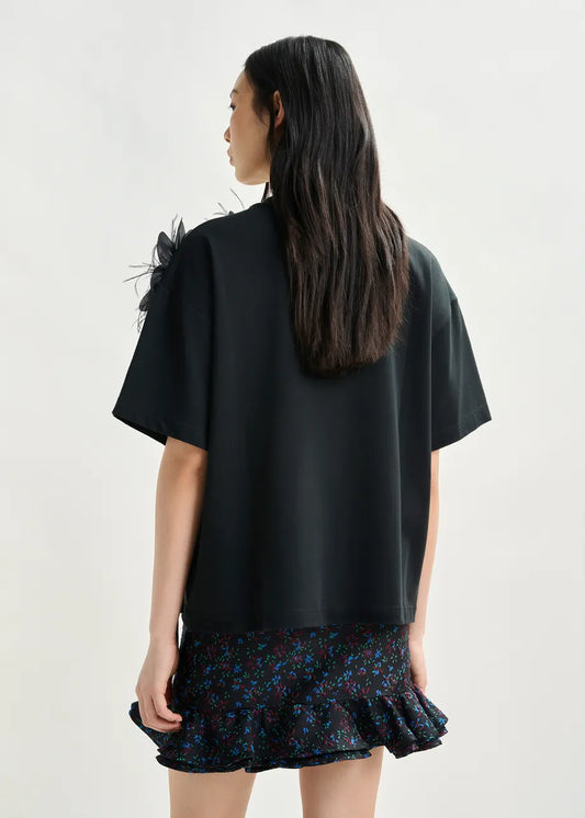 Essentiel Antwerp Black cotton T-shirt with floral detail Ibiscus