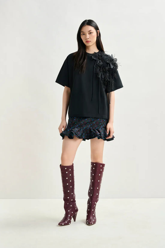 Essentiel Antwerp Black cotton T-shirt with floral detail Ibiscus