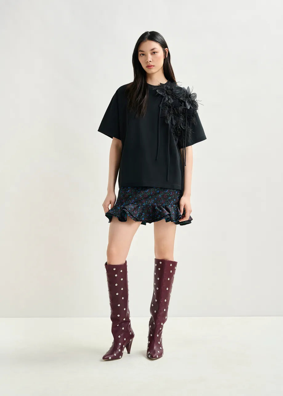 Essentiel Antwerp Black cotton T-shirt with floral detail Ibiscus