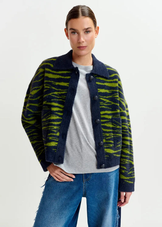 Essentiel Antwerp Dark blue and green zebra-print cardigan Iger