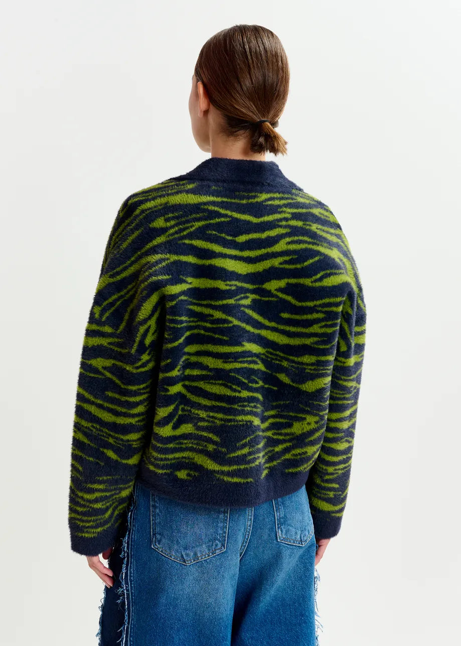 Essentiel Antwerp Dark blue and green zebra-print cardigan Iger