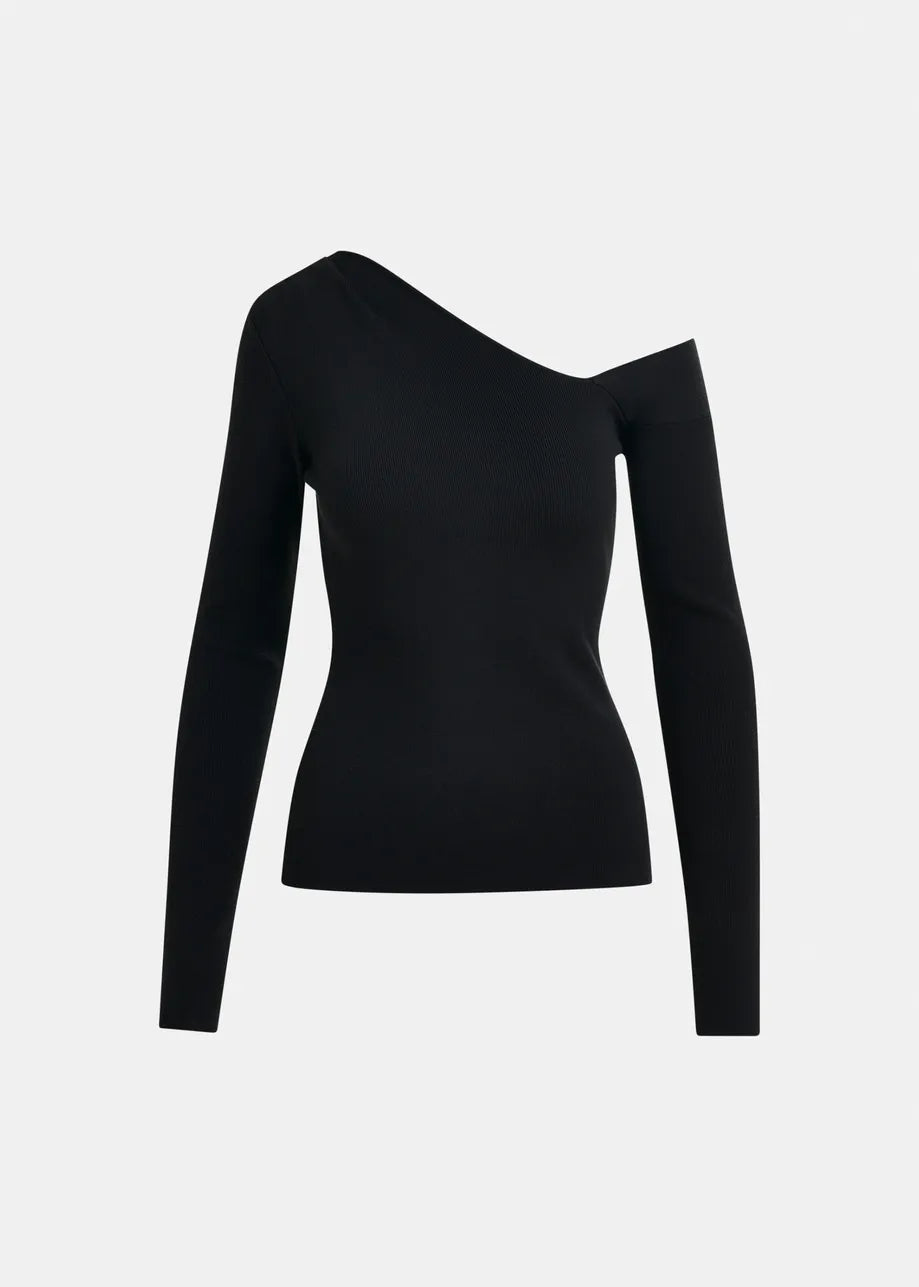 Essentiel Antwerp Black rib-knitted sweater with asymmetric neckline Imeric