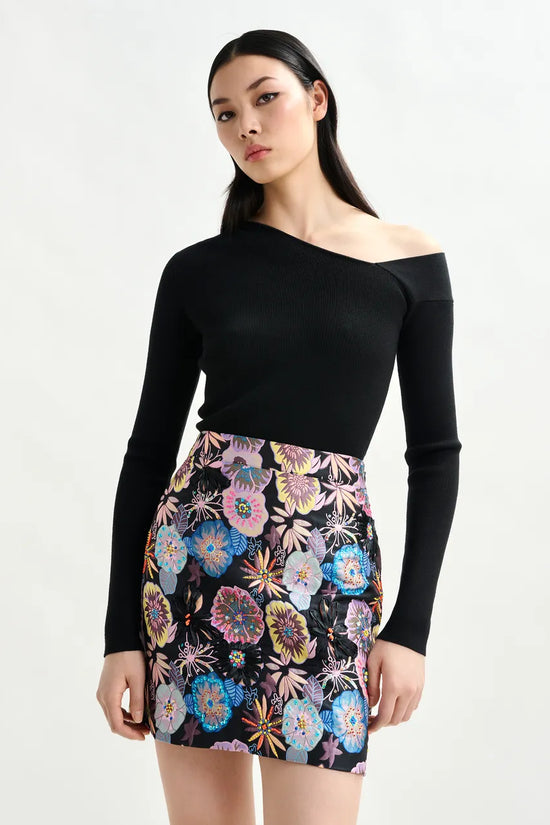 Essentiel Antwerp Black rib-knitted sweater with asymmetric neckline Imeric