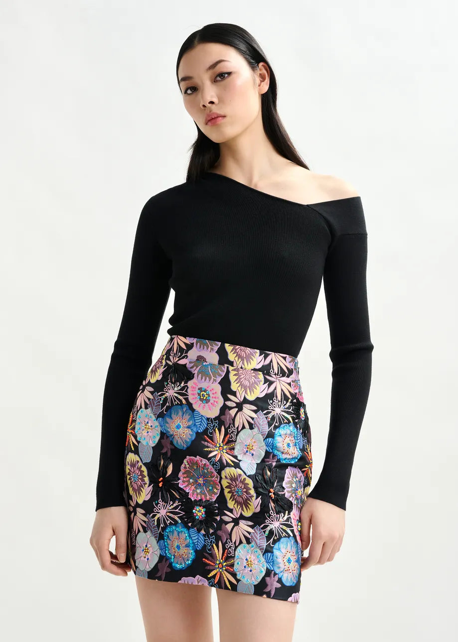 Essentiel Antwerp Black rib-knitted sweater with asymmetric neckline Imeric