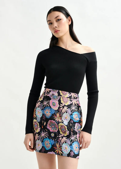 Essentiel Antwerp Black rib-knitted sweater with asymmetric neckline Imeric