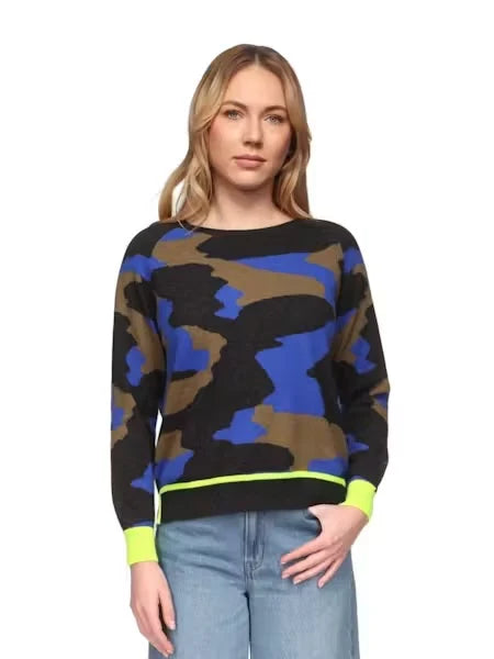 Brodie Dark Brown Camouflage Cashmere Sweater Crew Neck Raglan Sleeve