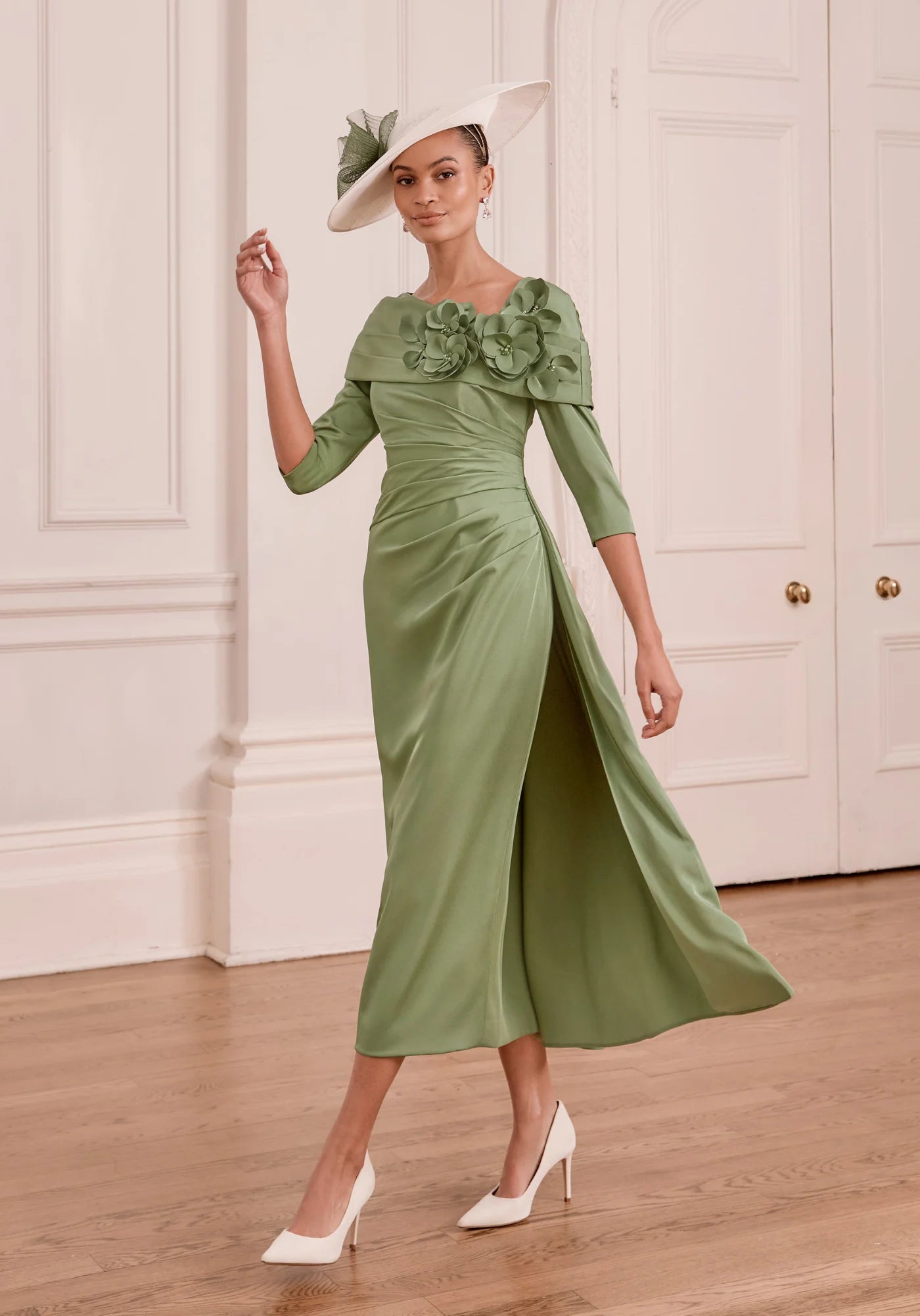 John Charles Green Floral Collar Midi Dress