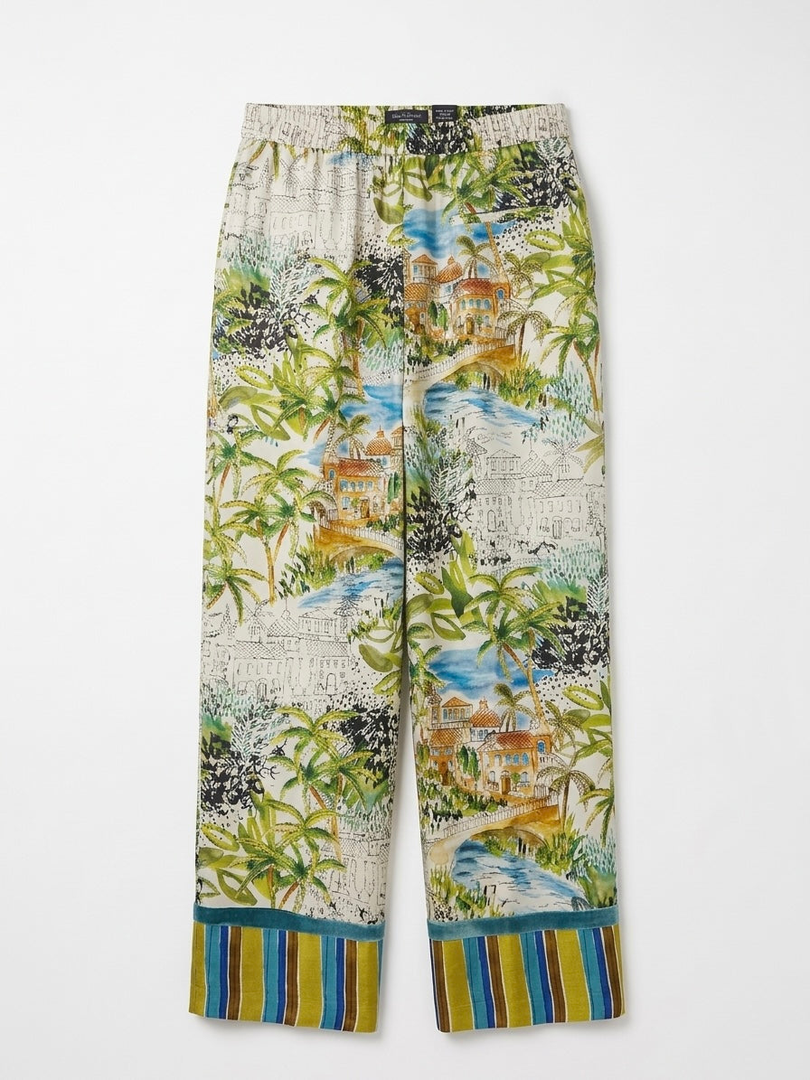 Caliban Scenery Print Stripe Hem Wide Leg Silk Trousers