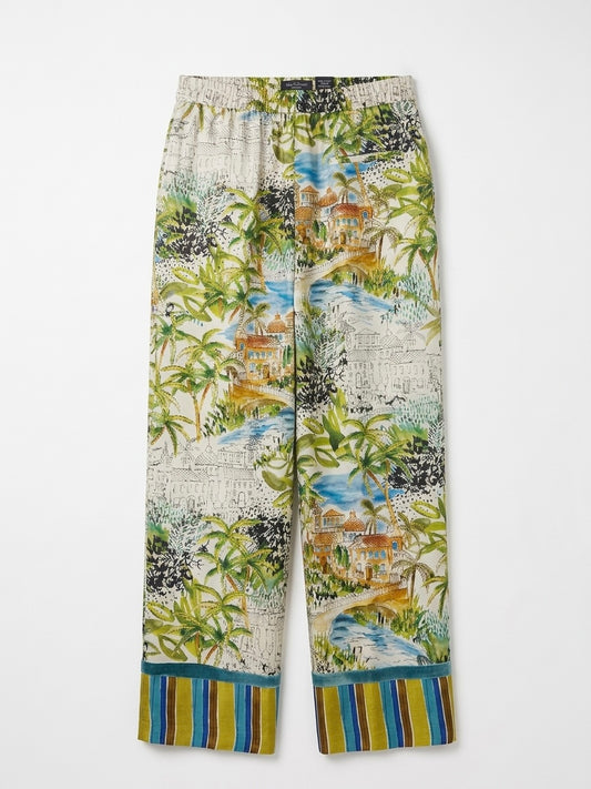 Caliban Scenery Print Stripe Hem Wide Leg Silk Trousers
