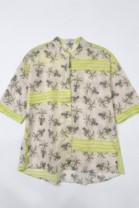 Caliban Palm Print & Green Stripe Relaxed Short Sleeve Cotton Shirt