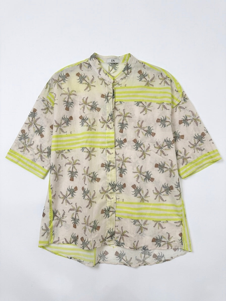 Caliban Palm Print & Green Stripe Relaxed Short Sleeve Cotton Shirt