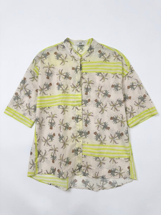 Caliban Palm Print & Green Stripe Relaxed Short Sleeve Cotton Shirt