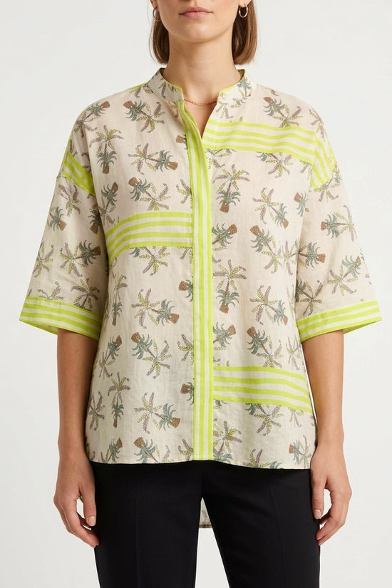 Caliban Palm Print & Green Stripe Relaxed Short Sleeve Cotton Shirt