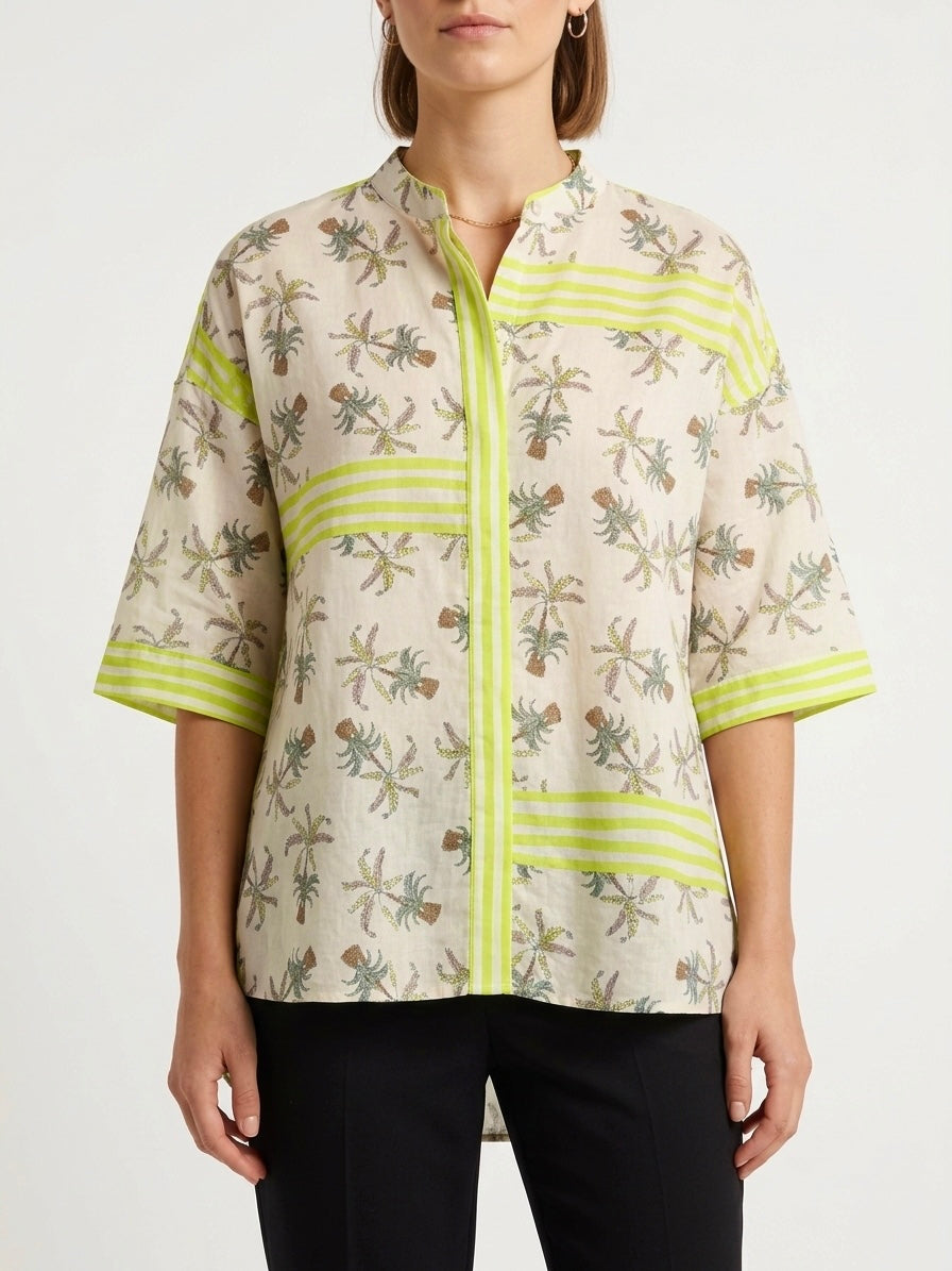 Caliban Palm Print & Green Stripe Relaxed Short Sleeve Cotton Shirt