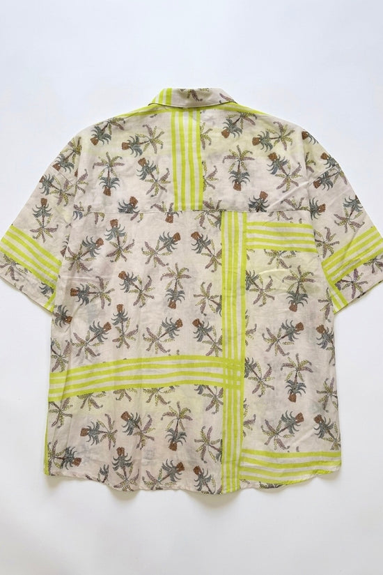 Caliban Palm Print & Green Stripe Relaxed Short Sleeve Cotton Shirt