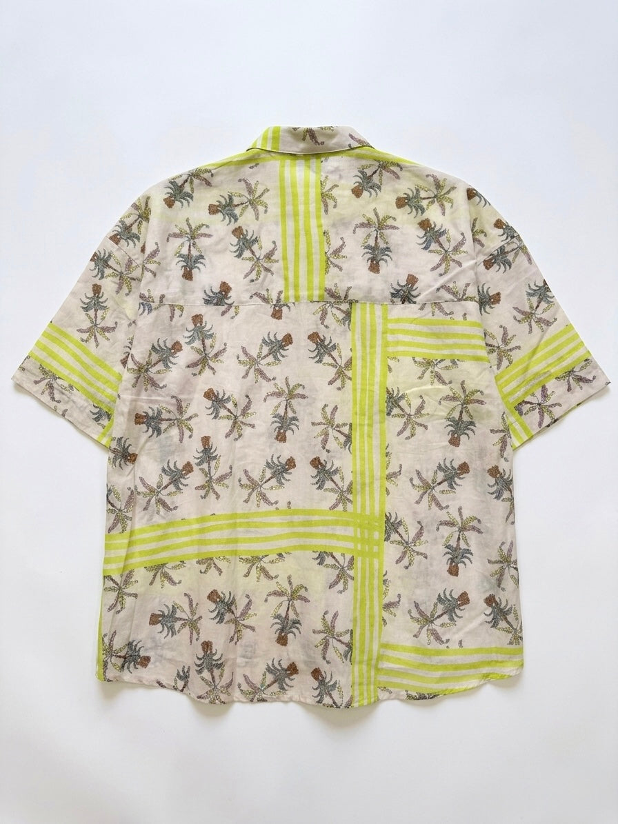 Caliban Palm Print & Green Stripe Relaxed Short Sleeve Cotton Shirt
