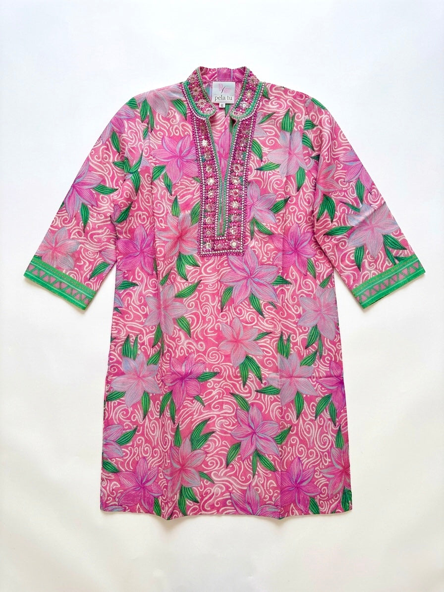 Bella Tu Pink 3/4 Sleeve Caftan Collar Tunic Dress