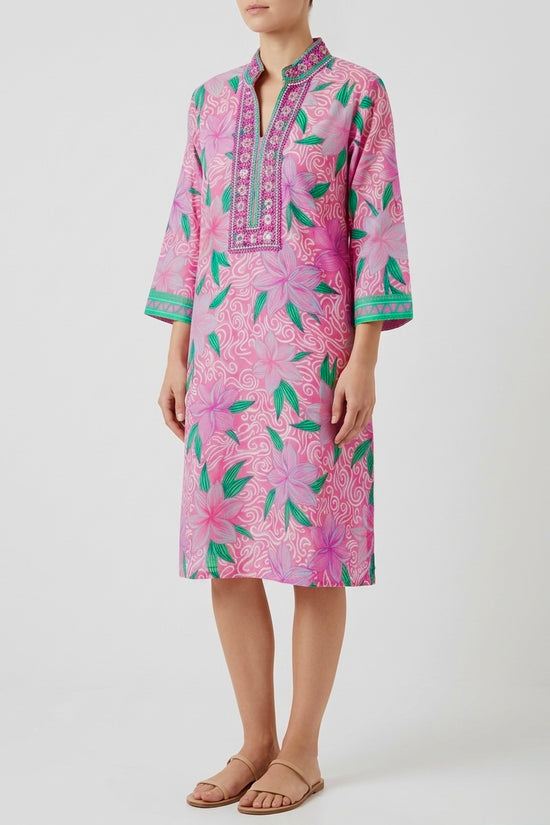 Bella Tu Pink 3/4 Sleeve Caftan Collar Tunic Dress