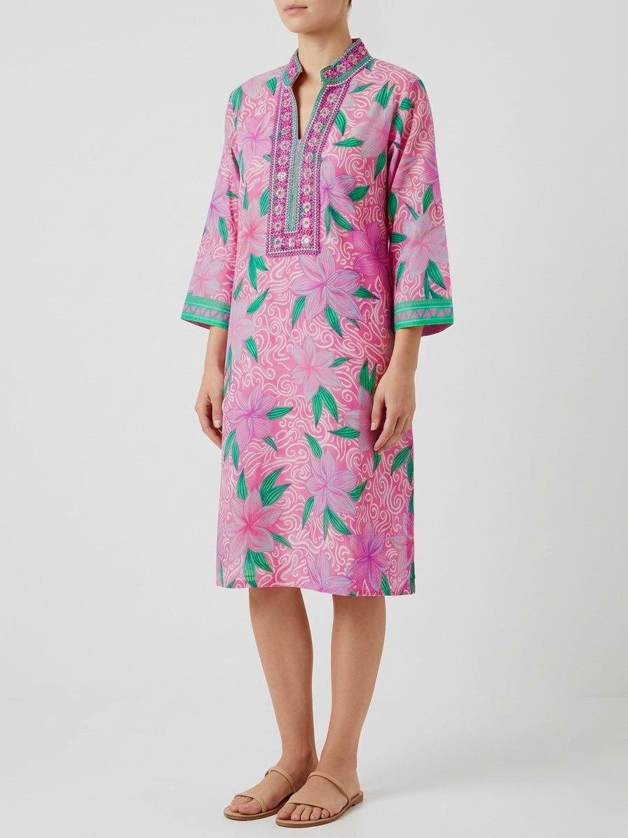 Bella Tu Pink 3/4 Sleeve Caftan Collar Tunic Dress