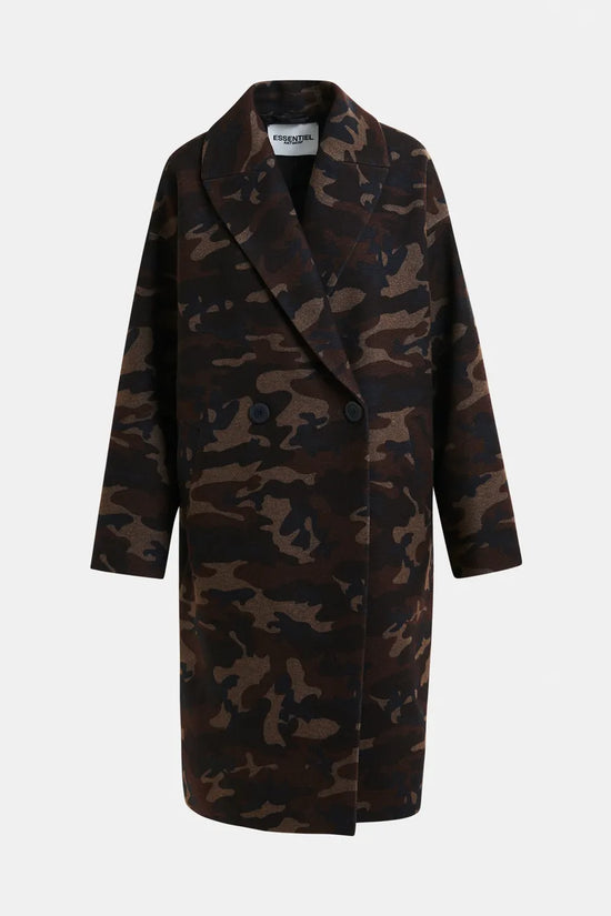 Essentiel Antwerp Khaki, beige and black camouflage print double-breasted wool-blend coat Imperfection