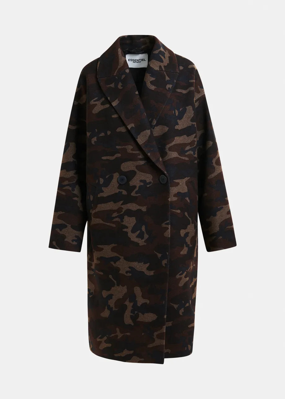 Essentiel Antwerp Khaki, beige and black camouflage print double-breasted wool-blend coat Imperfection
