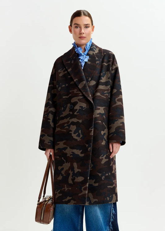 Essentiel Antwerp Khaki, beige and black camouflage print double-breasted wool-blend coat Imperfection